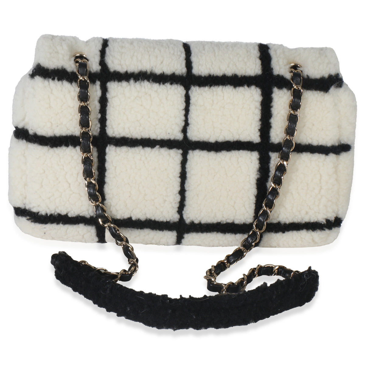 Black White CC Square Print Shearling Medium Flap Bag