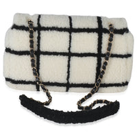 Black White CC Square Print Shearling Medium Flap Bag