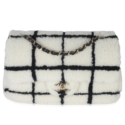 Black White CC Square Print Shearling Medium Flap Bag