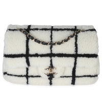 Black White CC Square Print Shearling Medium Flap Bag