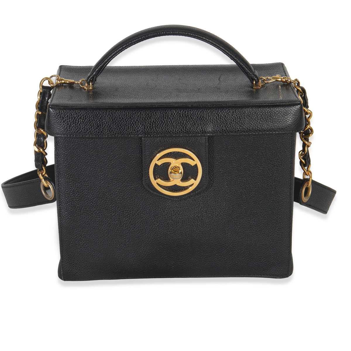 Chanel 24K Vintage Black Caviar Vanity Box Train Case Handbag fv