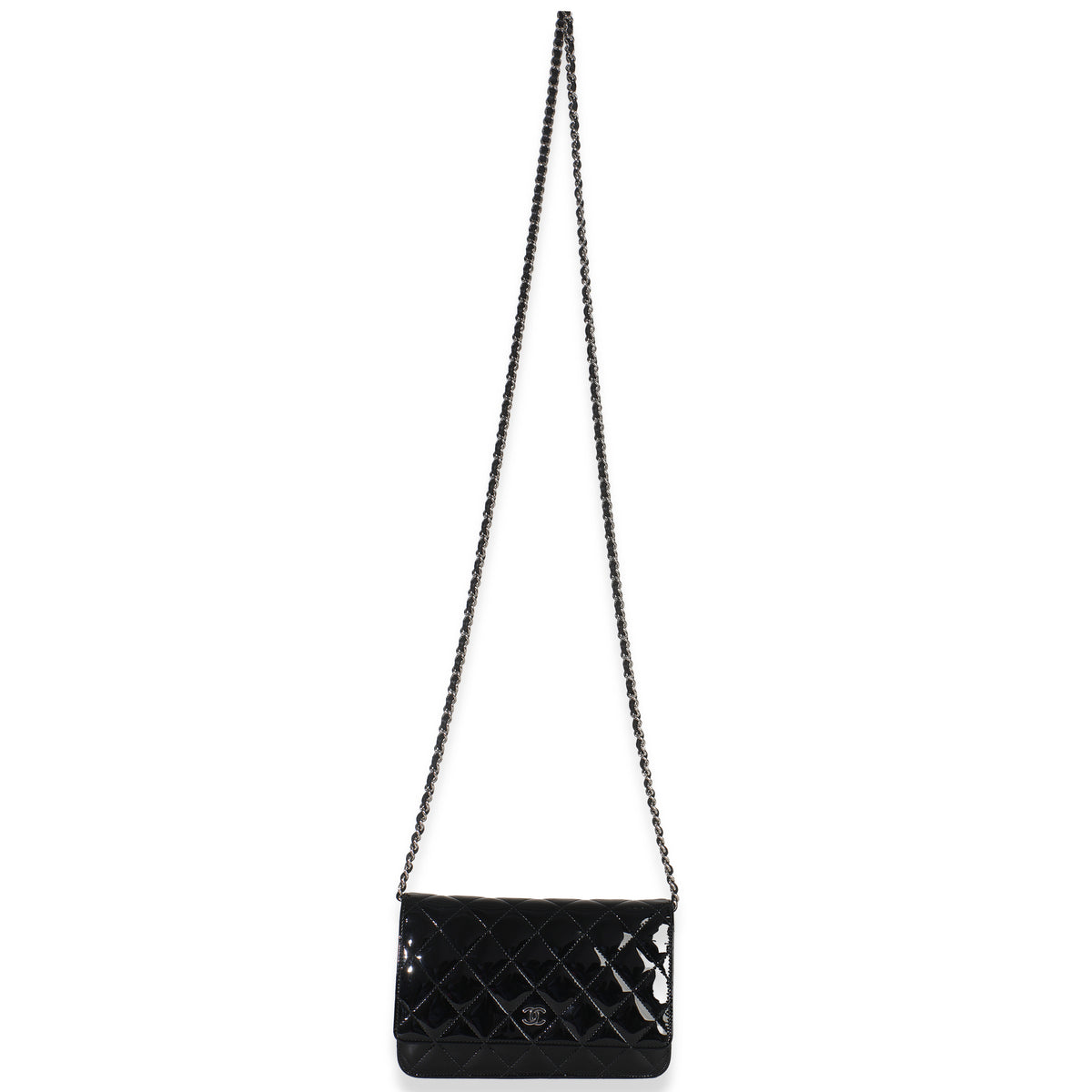 Black Quilted Patent Classic Wallet On Chain