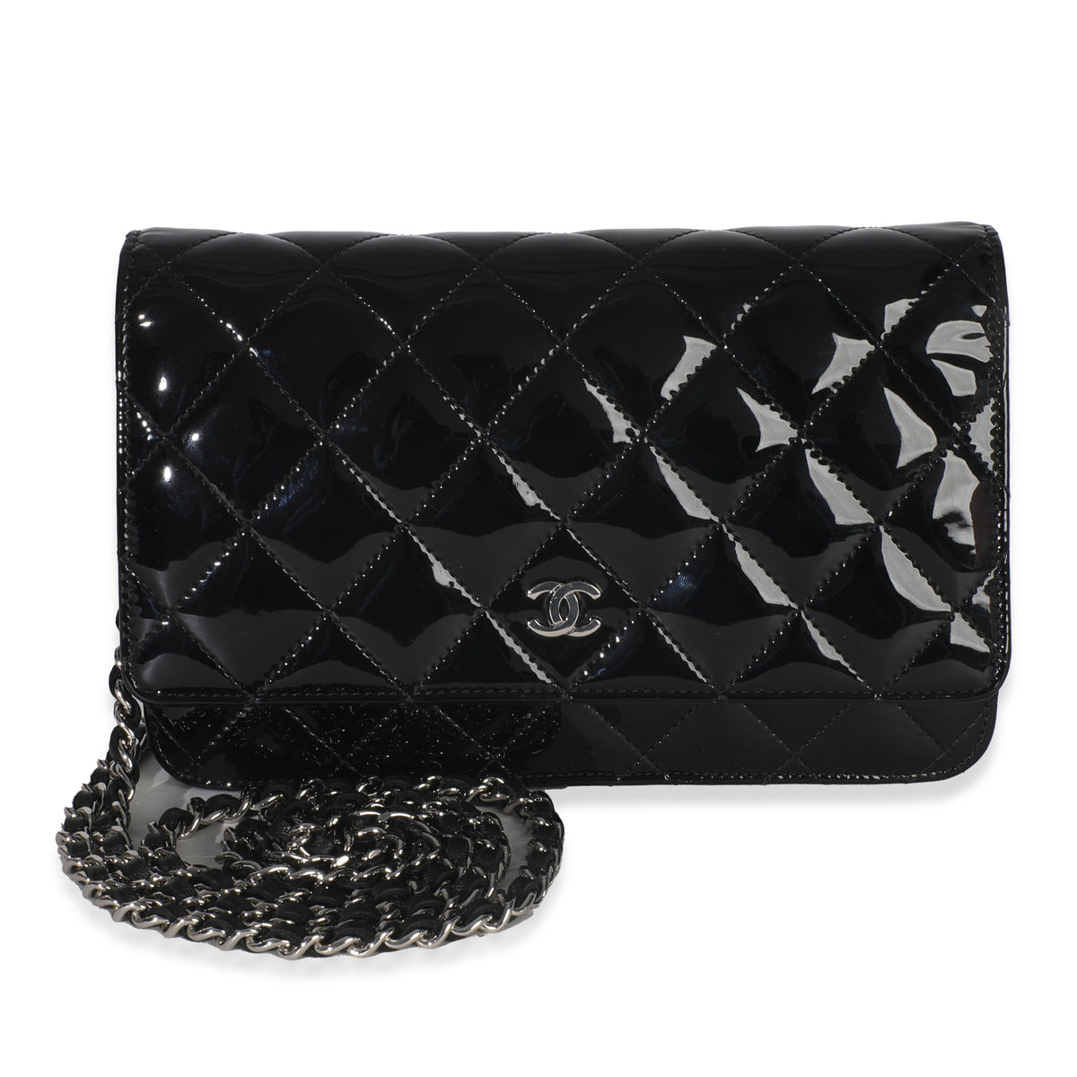Black Quilted Patent Classic Wallet On Chain