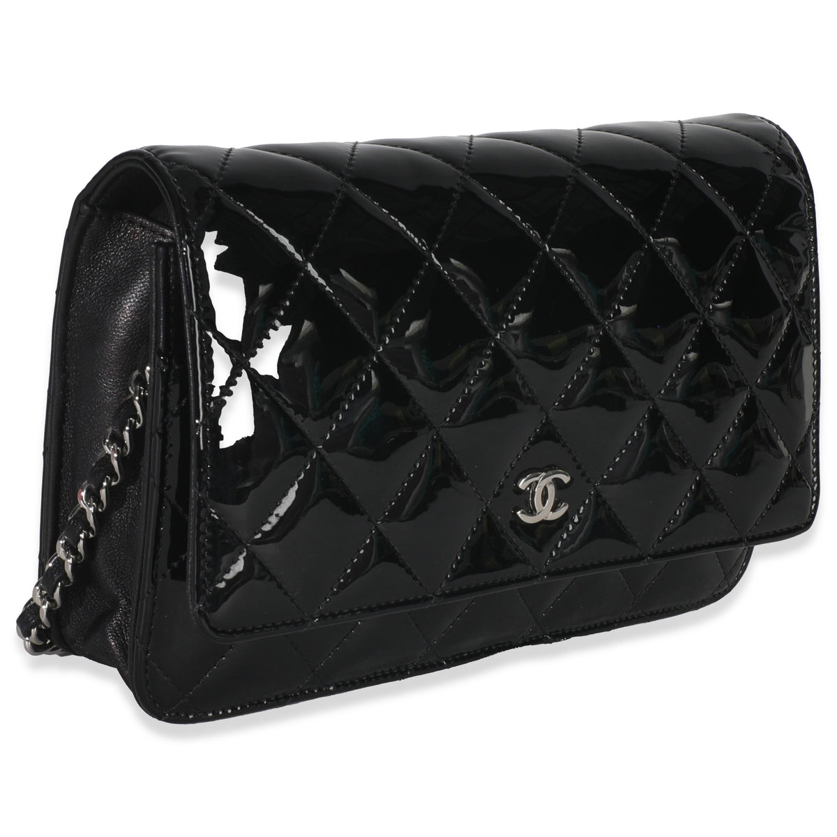 Black Quilted Patent Classic Wallet On Chain