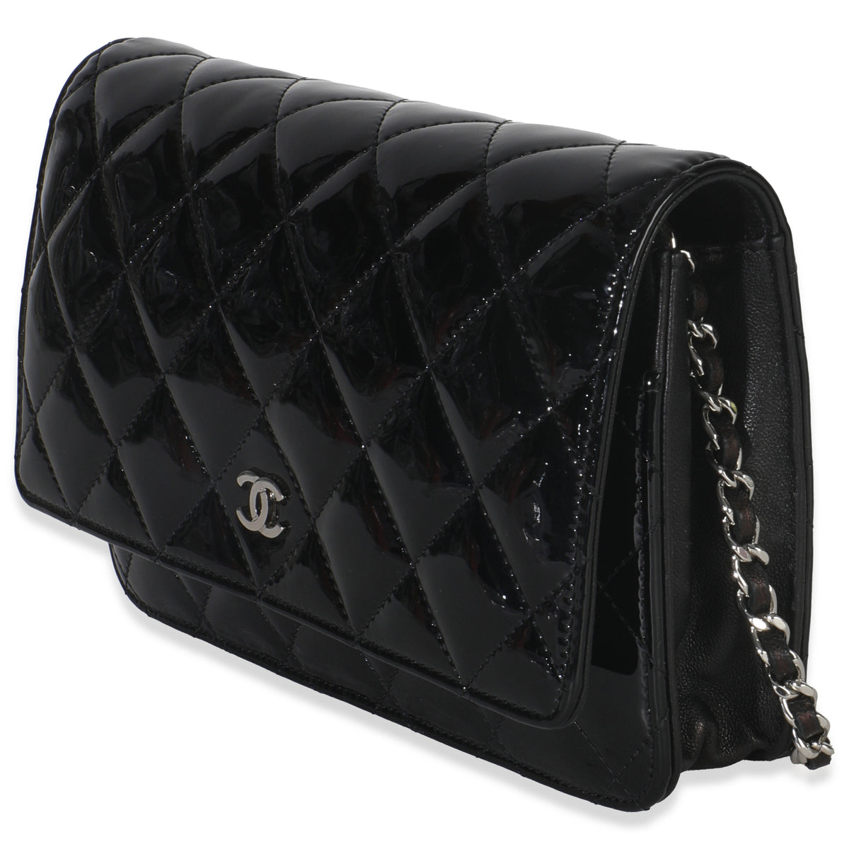Black Quilted Patent Classic Wallet On Chain