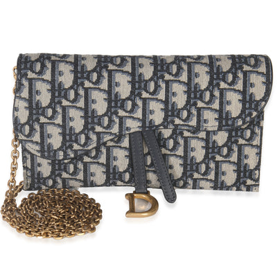 Christian Dior Blue Oblique Canvas Saddle Chain Pouch Handbag fv