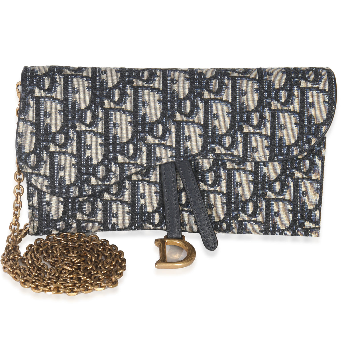 Christian Dior Blue Oblique Canvas Saddle Chain Pouch Handbag fv
