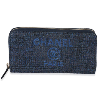 Chanel Blue Metallic Lurex Canvas Deauville Zip Around Wallet Wallet fv