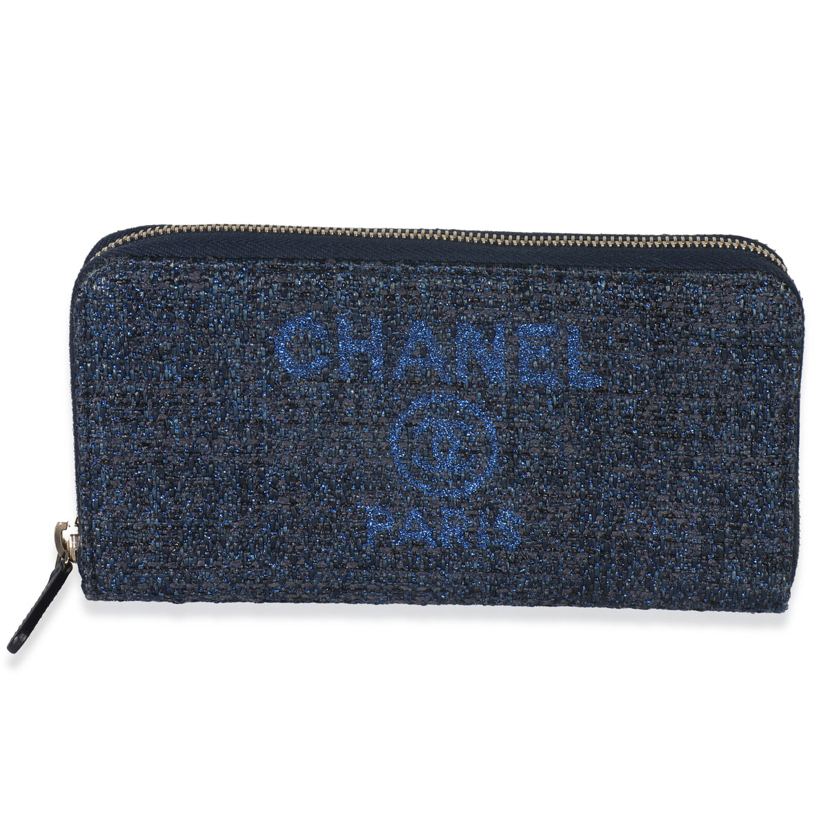 Chanel Blue Metallic Lurex Canvas Deauville Zip Around Wallet Wallet fv