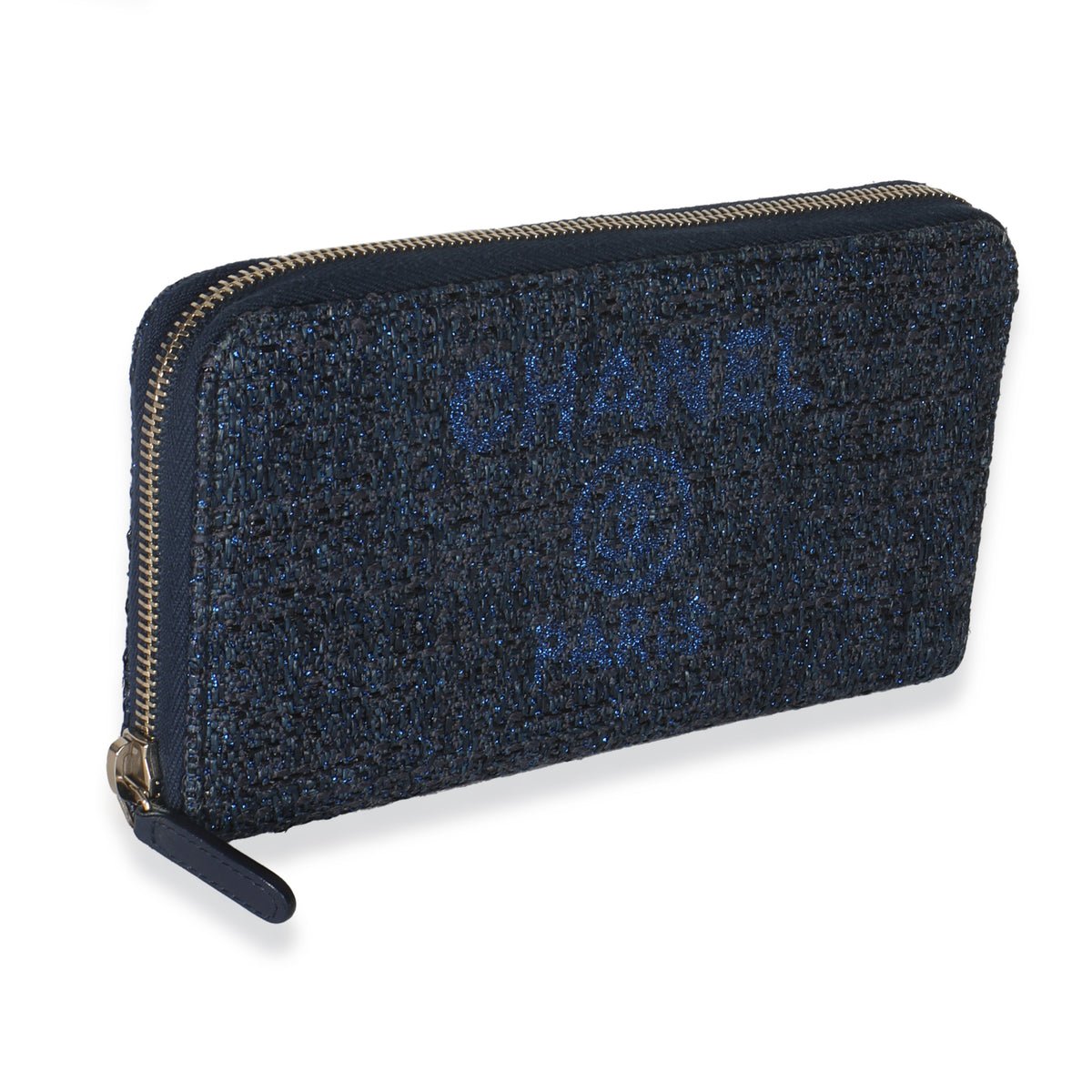 Chanel Blue Metallic Lurex Canvas Deauville Zip Around Wallet Wallet pv