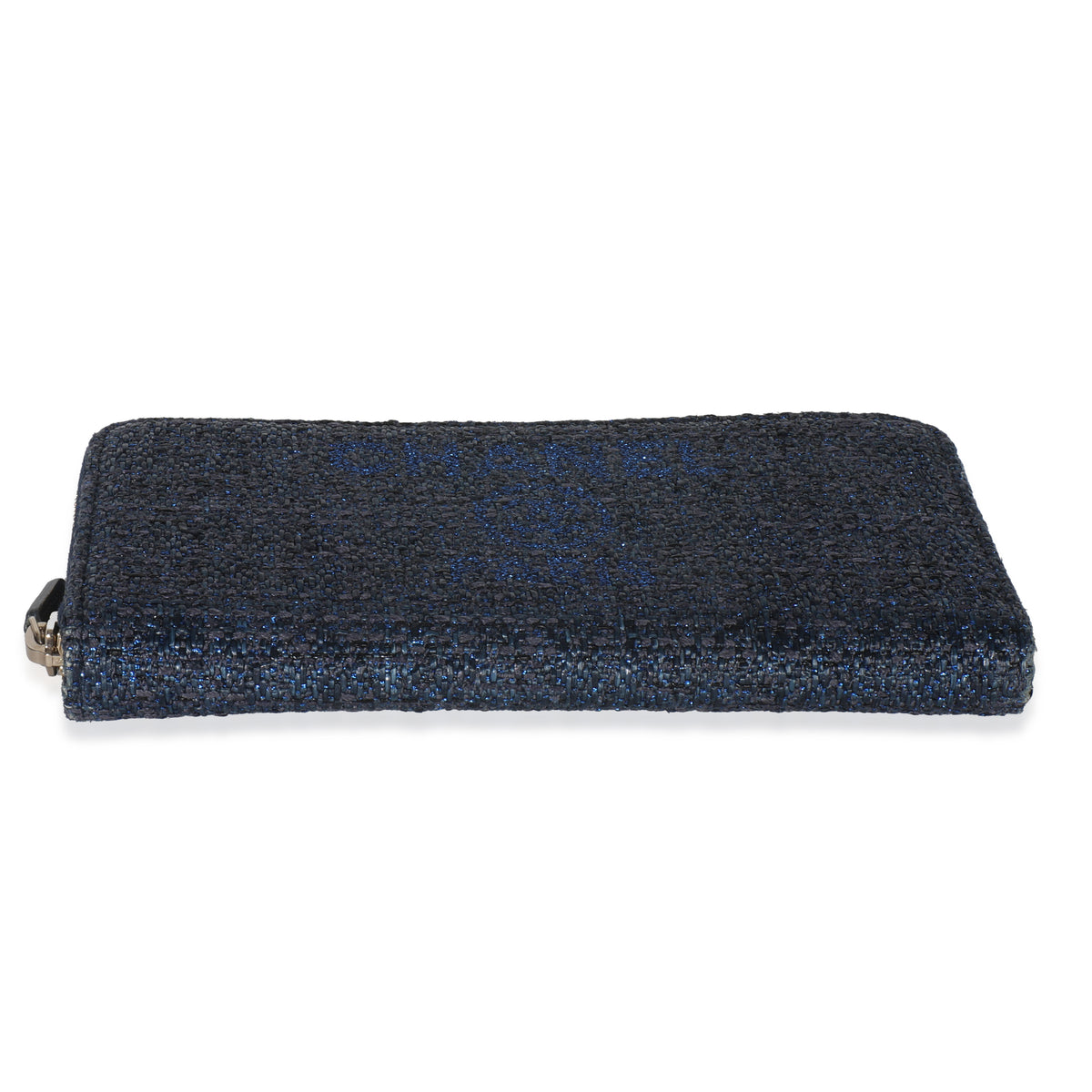 Chanel Blue Metallic Lurex Canvas Deauville Zip Around Wallet Wallet stamp