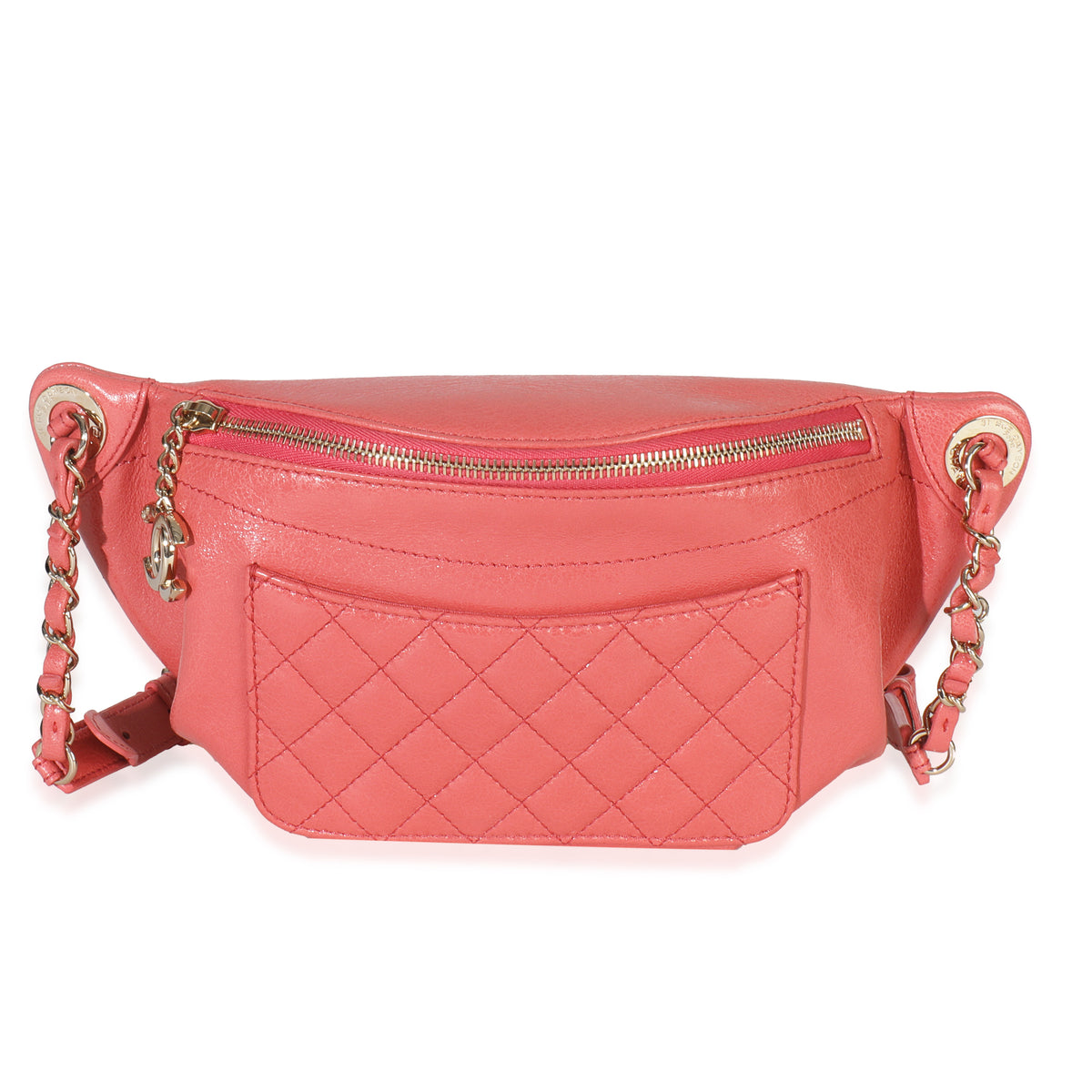 Pink Crumpled Glazed Quilted Lambskin Front Pocket Belt Bag