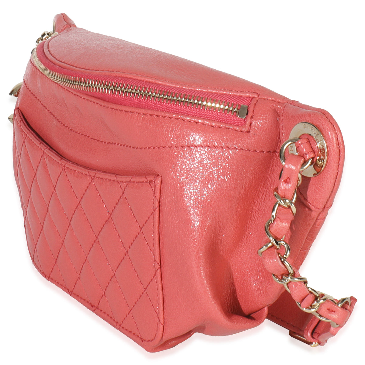 Pink Crumpled Glazed Quilted Lambskin Front Pocket Belt Bag