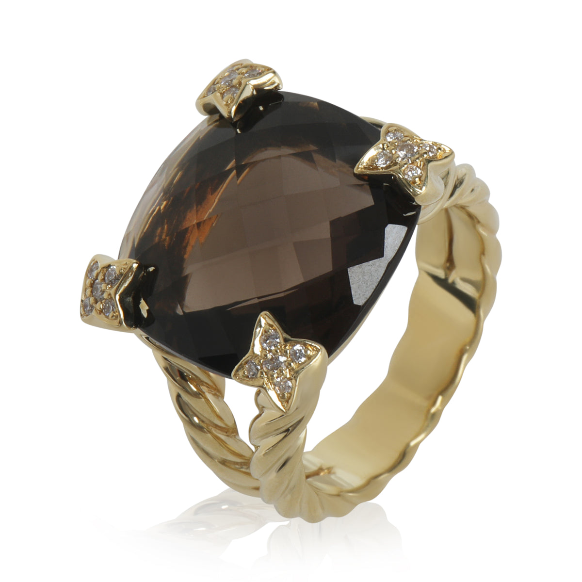 Yellow Gold Smokey Quartz and Diamond On Point Ring