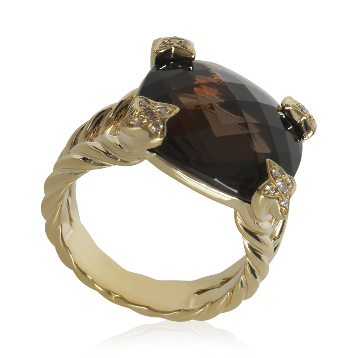 Yellow Gold Smokey Quartz and Diamond On Point Ring