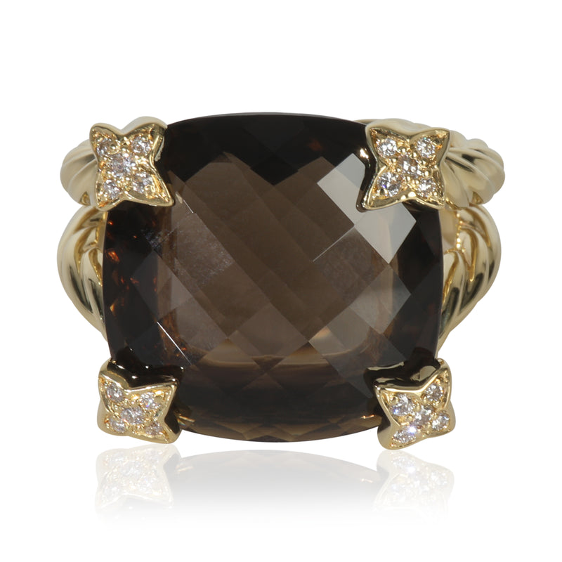 Yellow Gold Smokey Quartz and Diamond On Point Ring