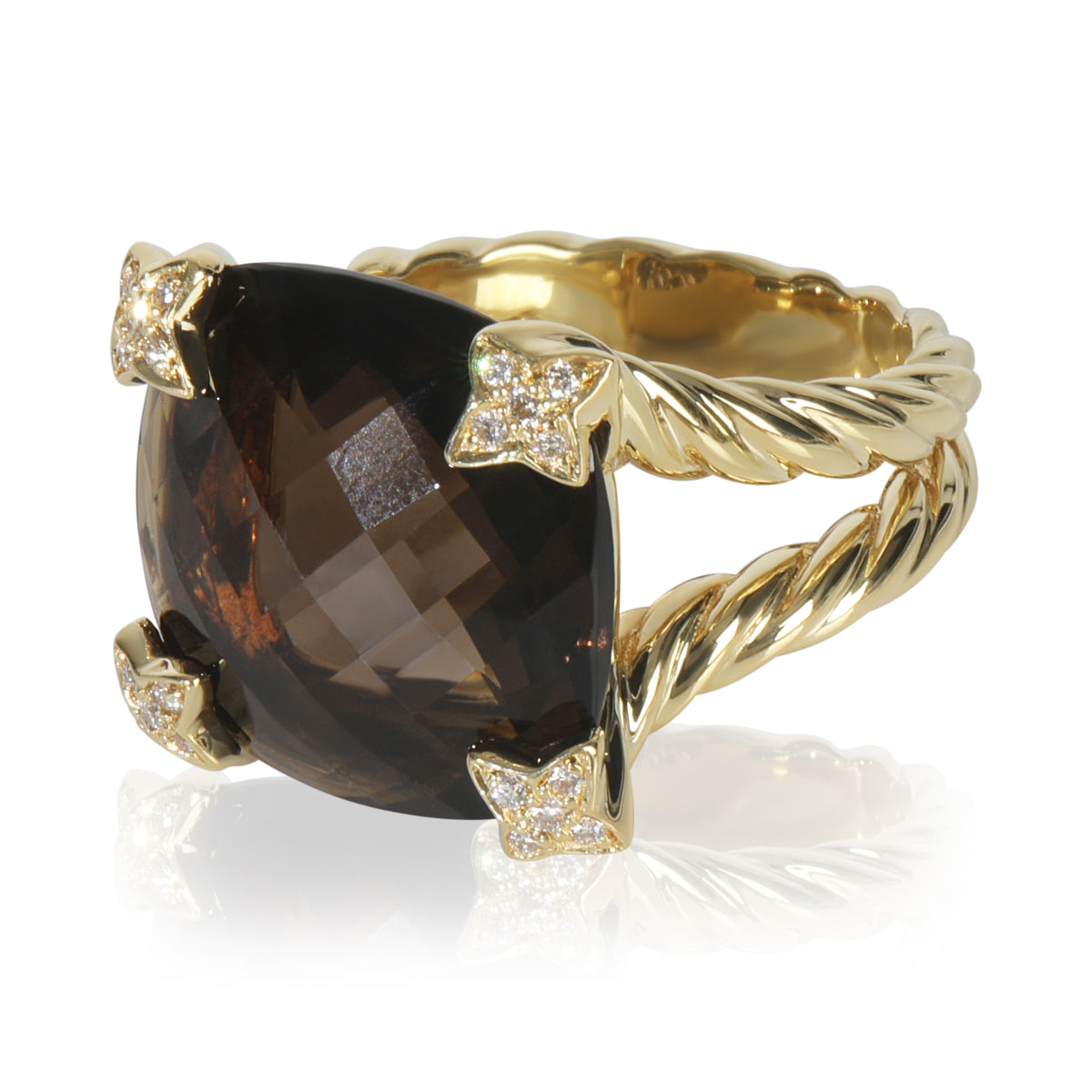 Yellow Gold Smokey Quartz and Diamond On Point Ring