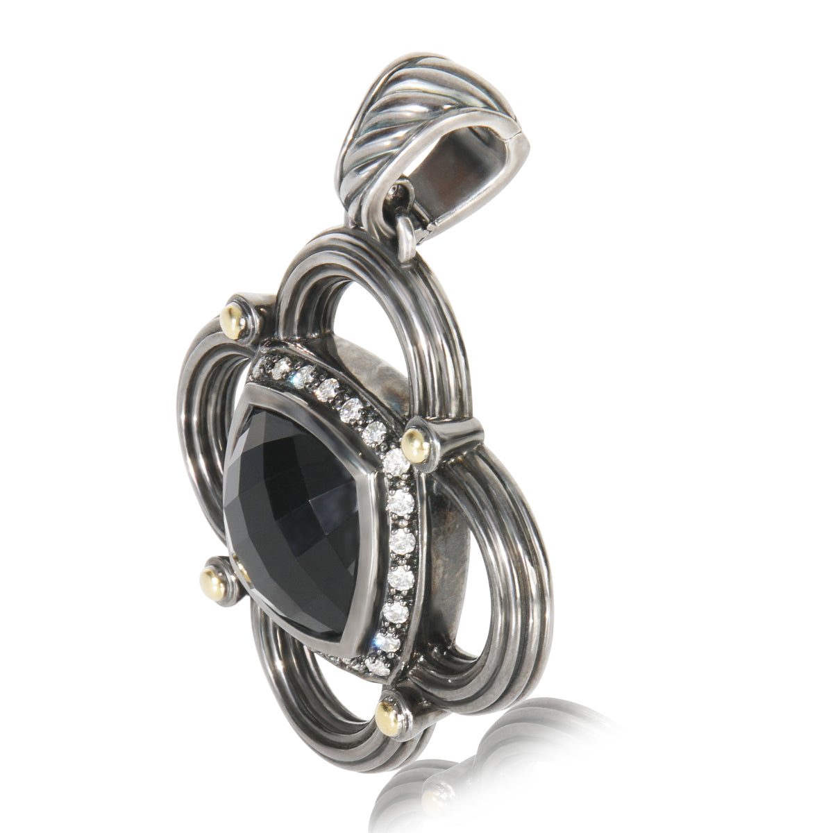 David Yurman Yellow Gold & Sterling Silver Onyx and Diamond Renaissance Half Moo pv