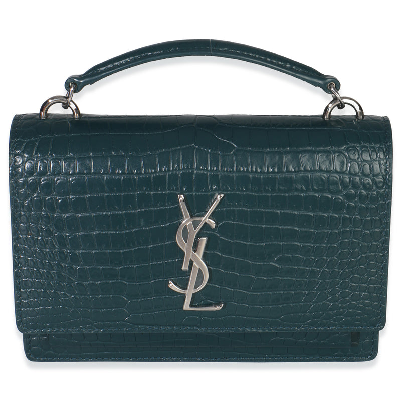 Teal Calfskin Crocodile Embossed Monogram Sunset Chain Wallet
