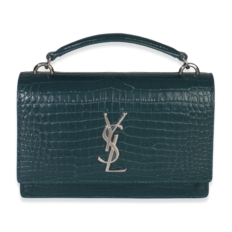 Teal Calfskin Crocodile Embossed Monogram Sunset Chain Wallet