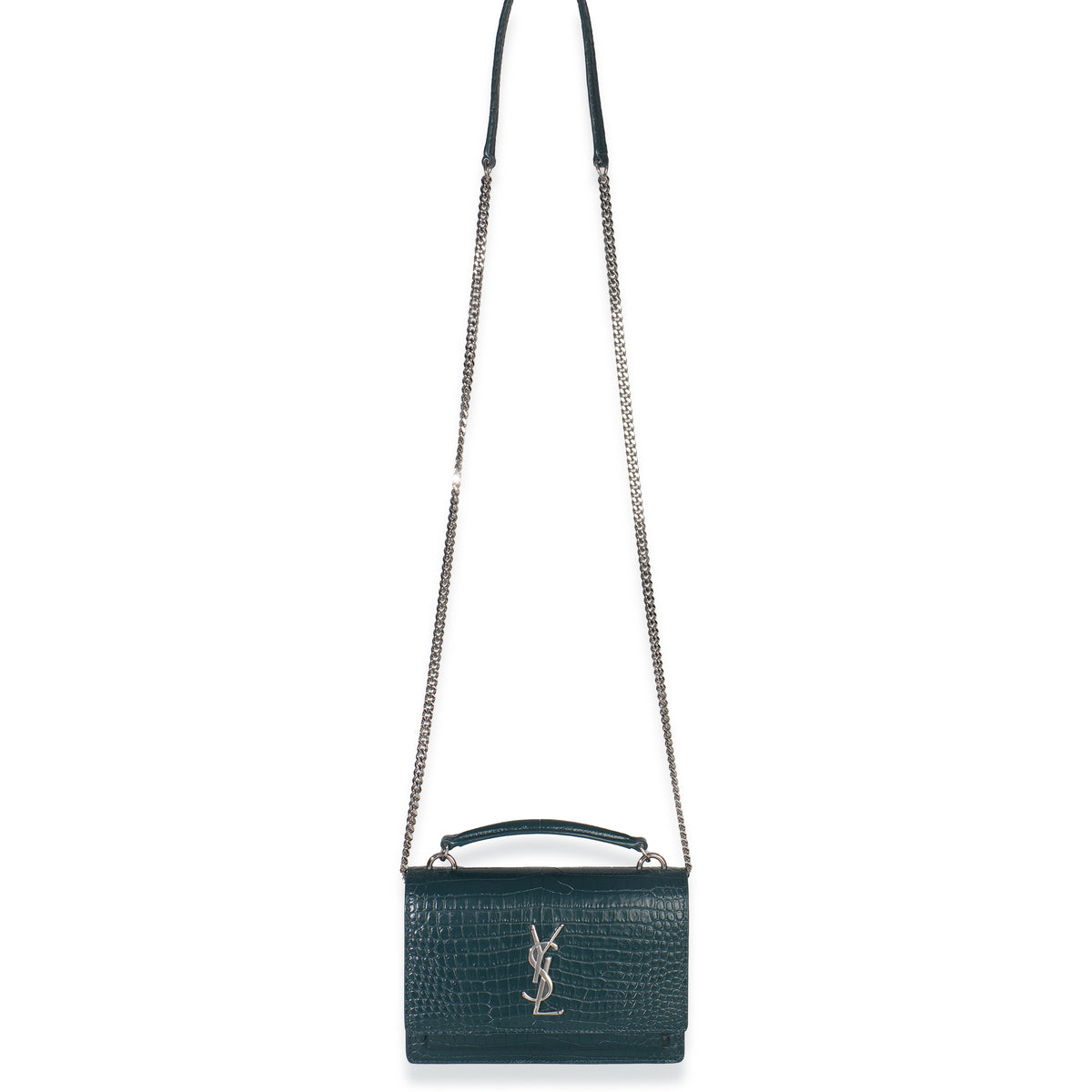 Teal Calfskin Crocodile Embossed Monogram Sunset Chain Wallet