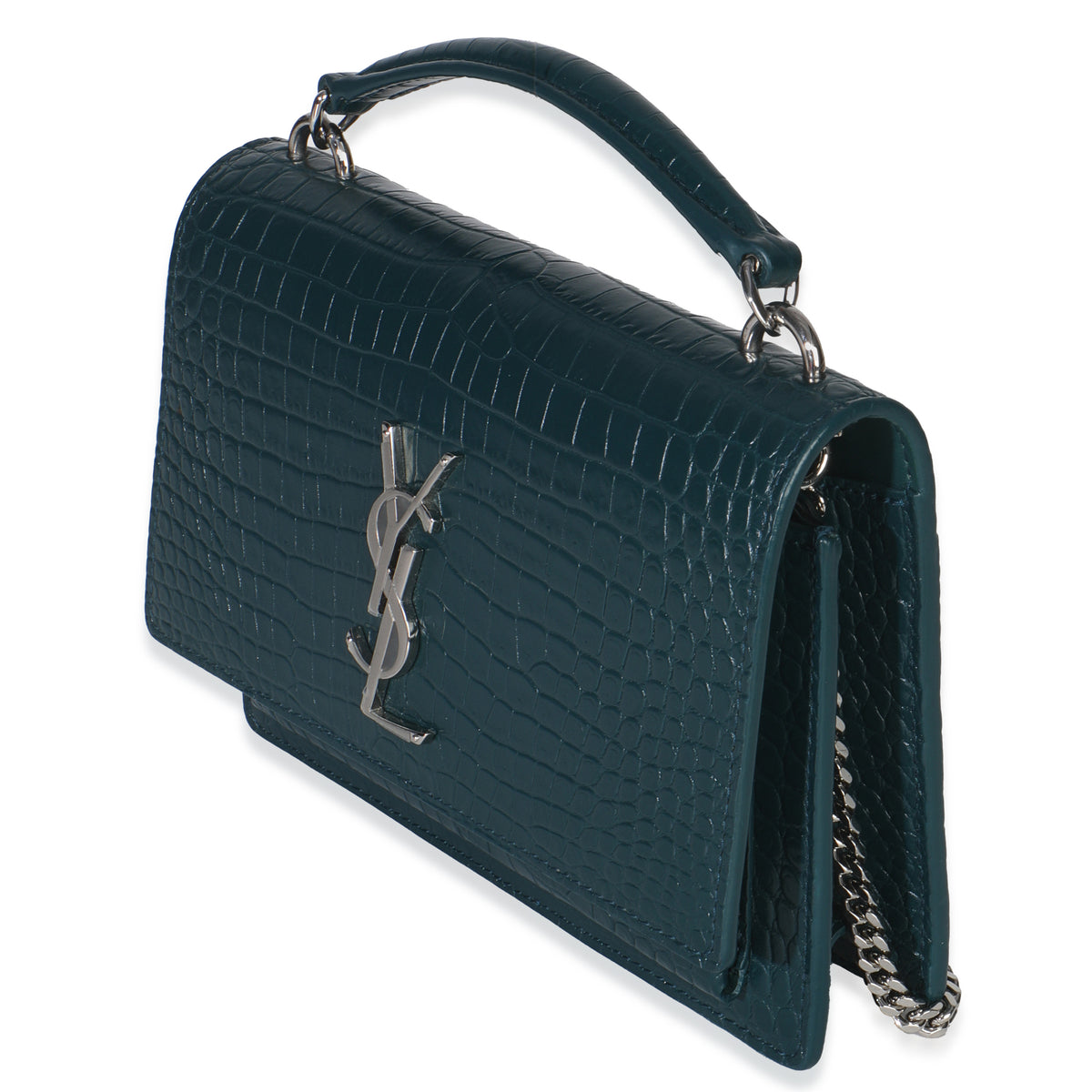 Teal Calfskin Crocodile Embossed Monogram Sunset Chain Wallet
