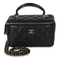 Black Quilted Lambskin Small Top Handle Vanity Case With Chain