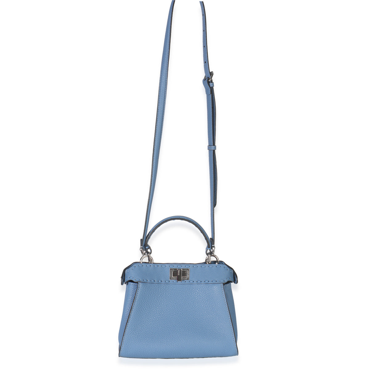 Fendi Placca Argento Blue Cuoio Romano Selleria Mini Peekaboo Iconic Satchel Handbag av