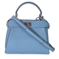 Fendi Placca Argento Blue Cuoio Romano Selleria Mini Peekaboo Iconic Satchel Handbag bv