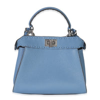 Fendi Placca Argento Blue Cuoio Romano Selleria Mini Peekaboo Iconic Satchel Handbag fv