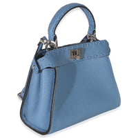 Fendi Placca Argento Blue Cuoio Romano Selleria Mini Peekaboo Iconic Satchel Handbag pv