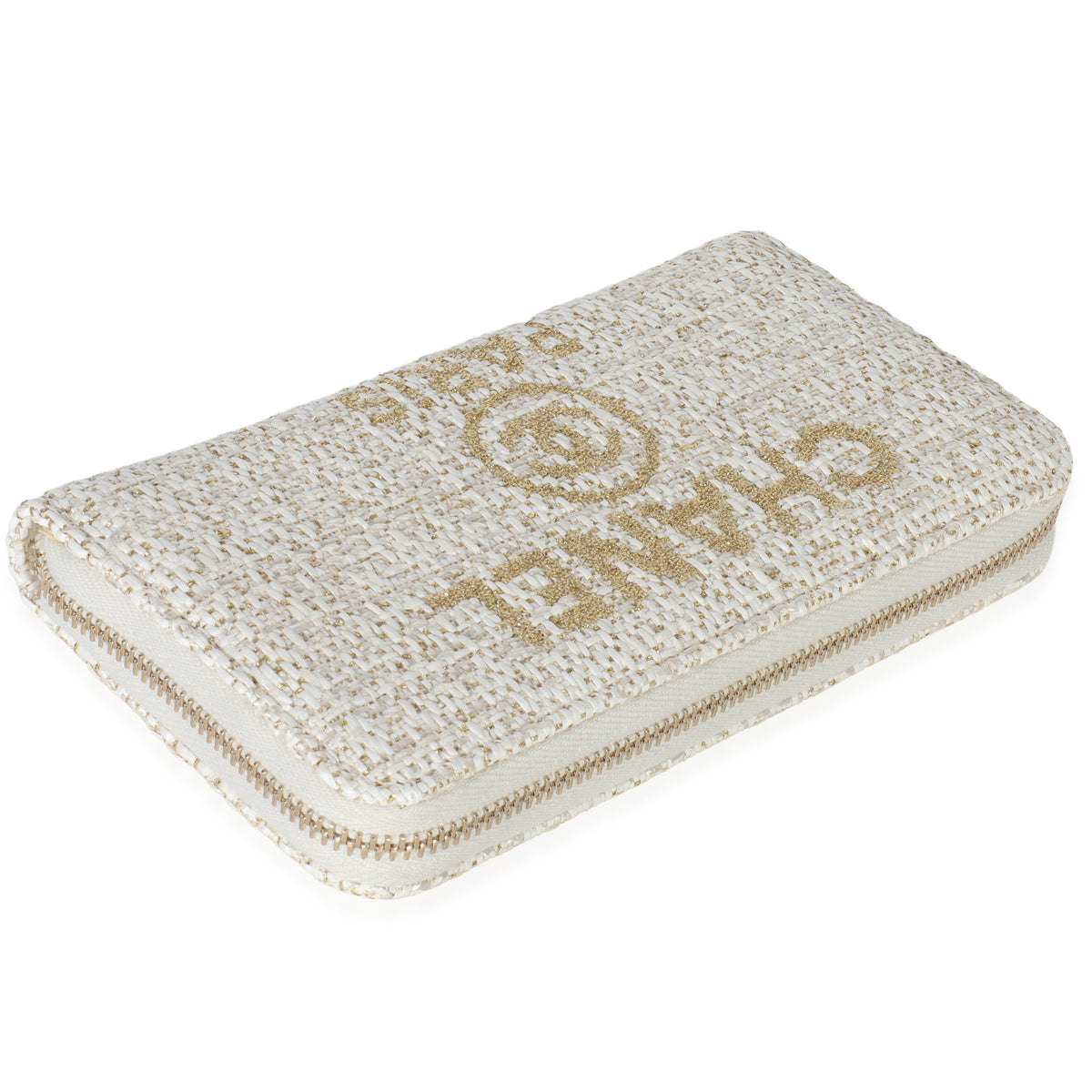 Beige Lurex Canvas Deauville Small Zip Around Wallet