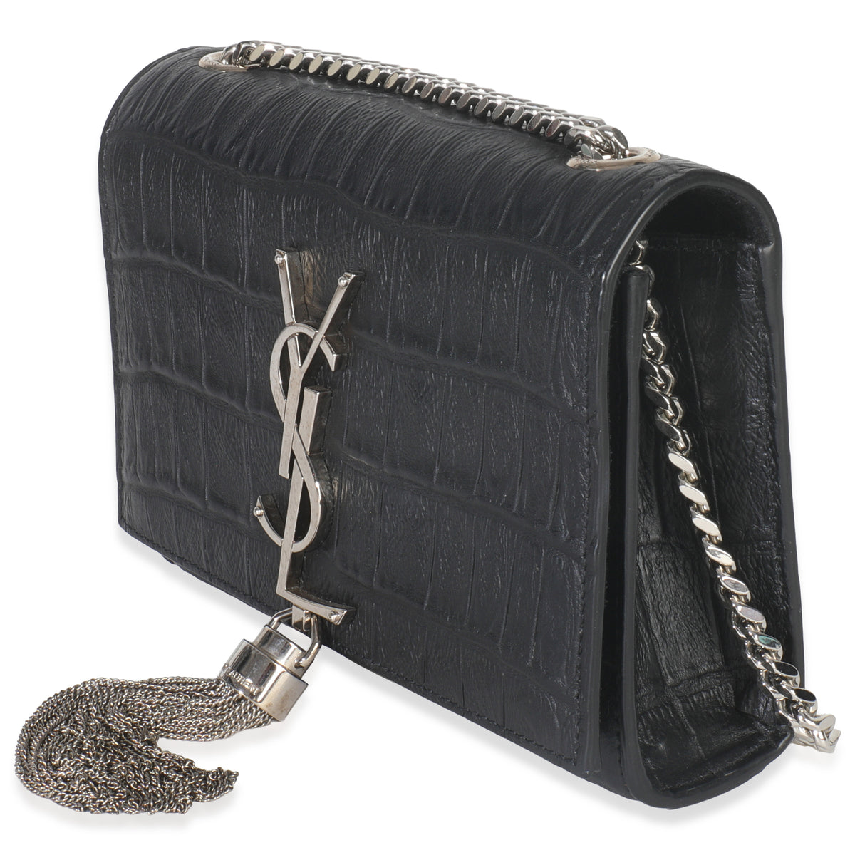 Black Crocodile Embossed Small Classic Monogram Kate Tassel