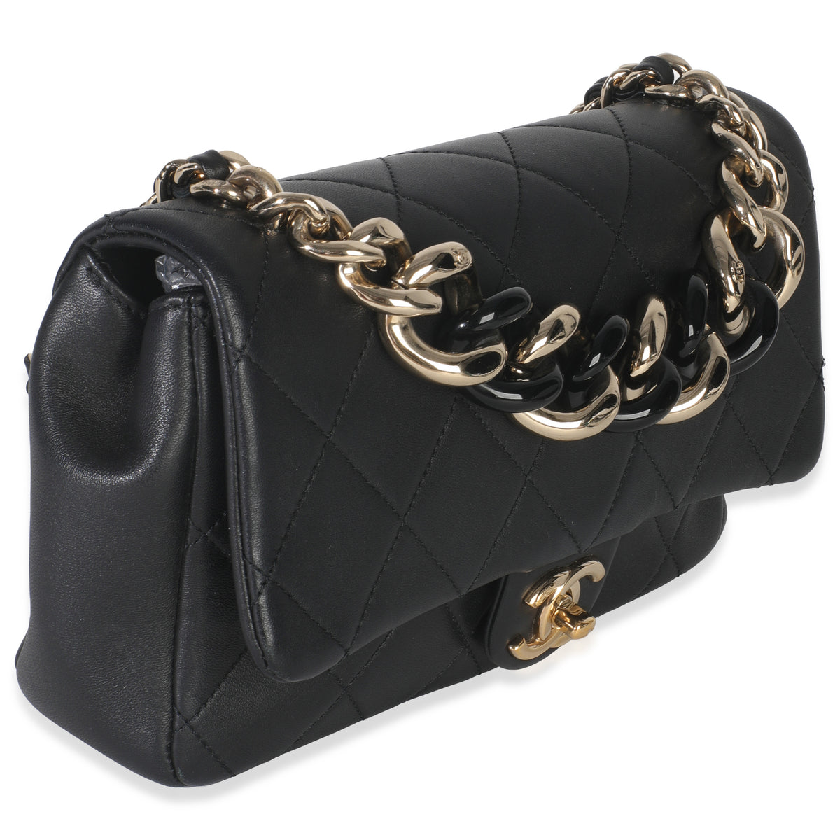Chanel Black Quilted Lambskin Resin Elegant Chain Flap Bag Handbag pv