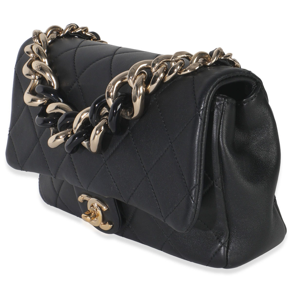 Chanel Black Quilted Lambskin Resin Elegant Chain Flap Bag Handbag sv