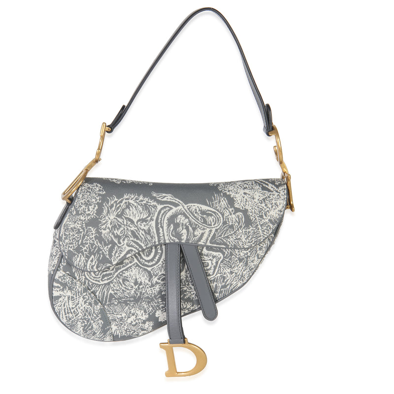 Grey White Reverse Embroidered Toile De Jouy Medium Saddle Bag