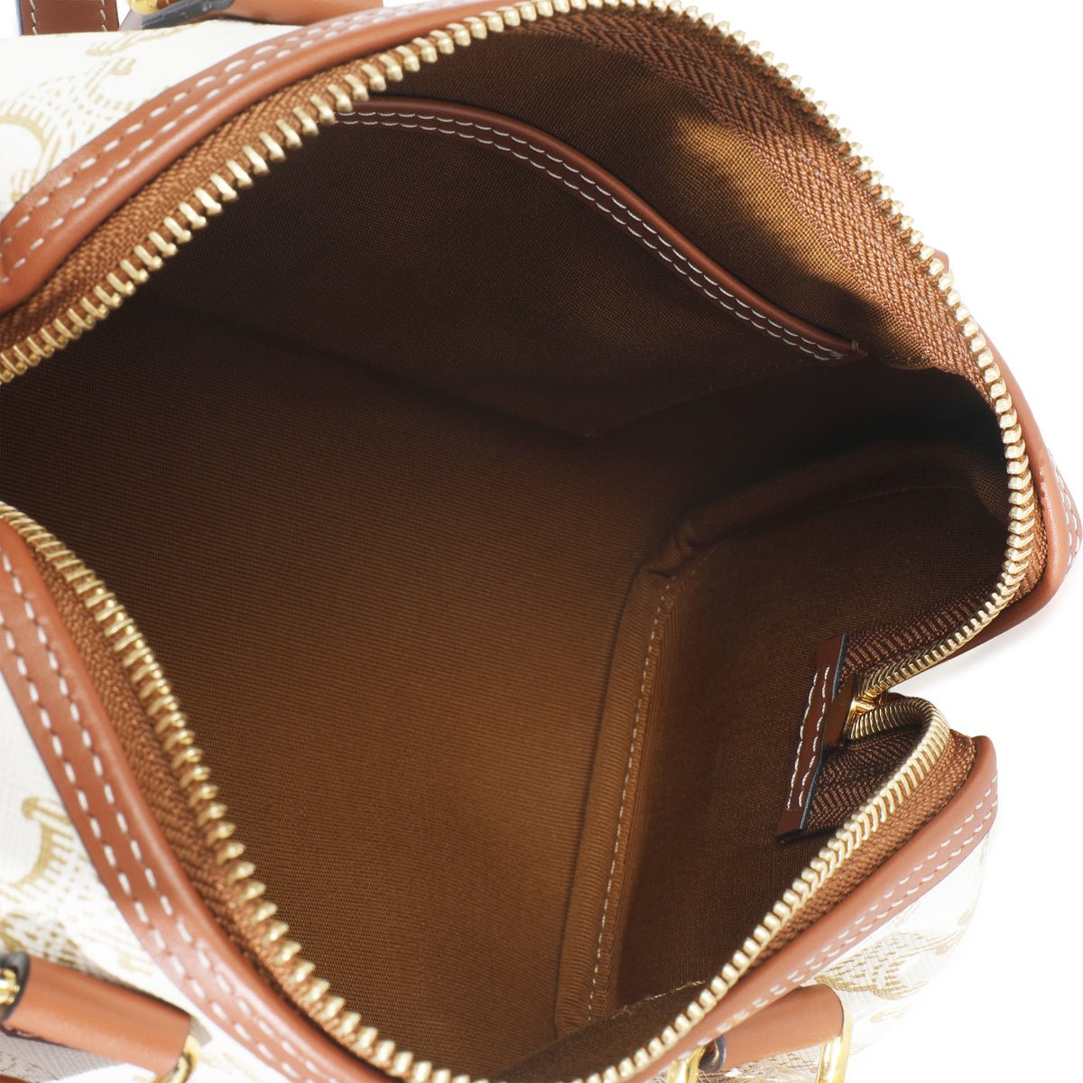 Tan Calfskin White Triomphe Canvas Small Boston Bag