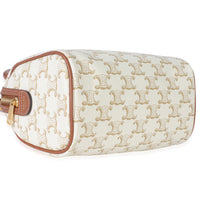 Tan Calfskin White Triomphe Canvas Small Boston Bag
