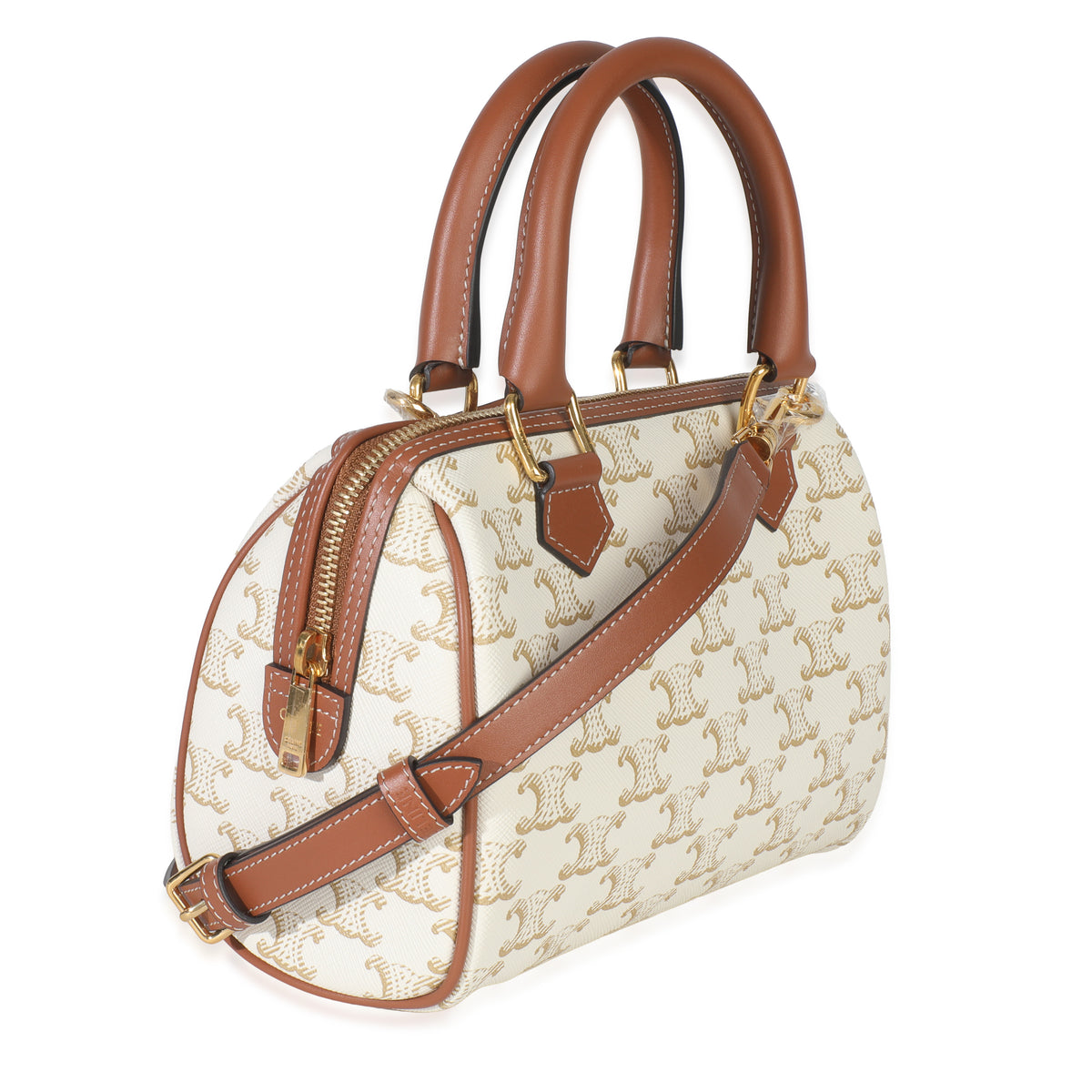 Tan Calfskin White Triomphe Canvas Small Boston Bag