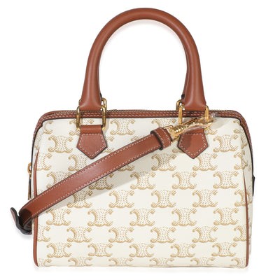 Tan Calfskin White Triomphe Canvas Small Boston Bag