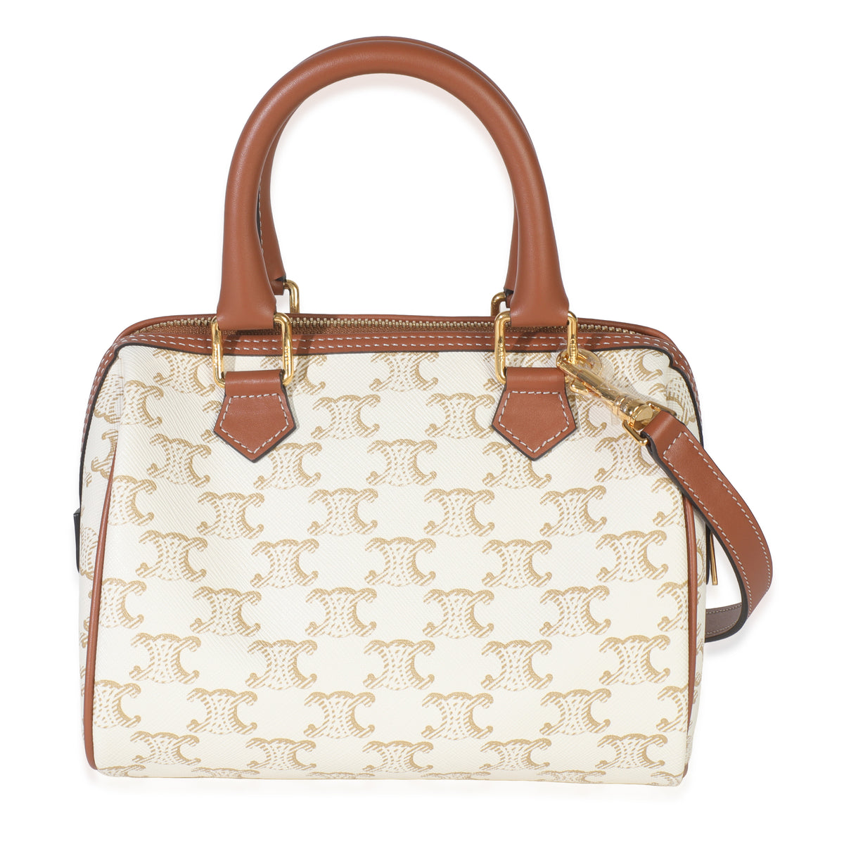 Tan Calfskin White Triomphe Canvas Small Boston Bag