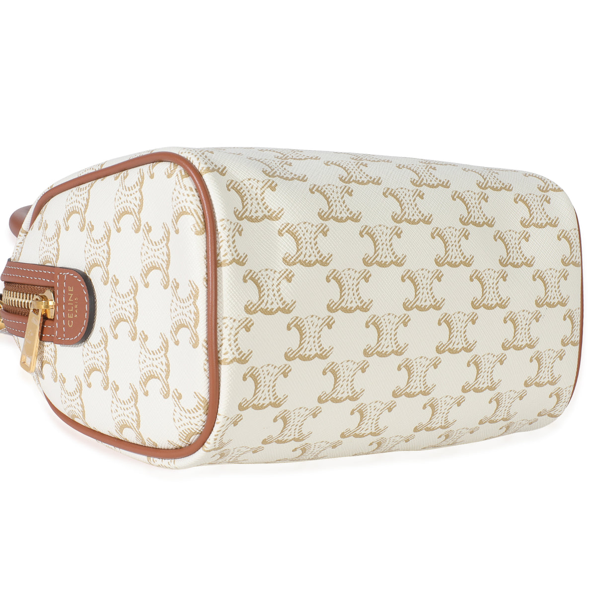 Tan Calfskin White Triomphe Canvas Small Boston Bag