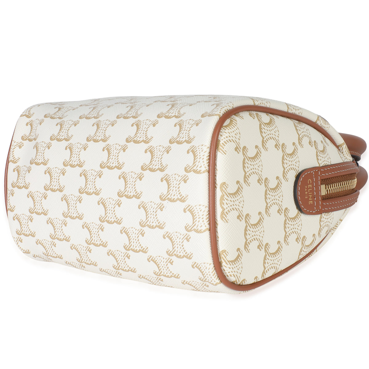 Tan Calfskin White Triomphe Canvas Small Boston Bag