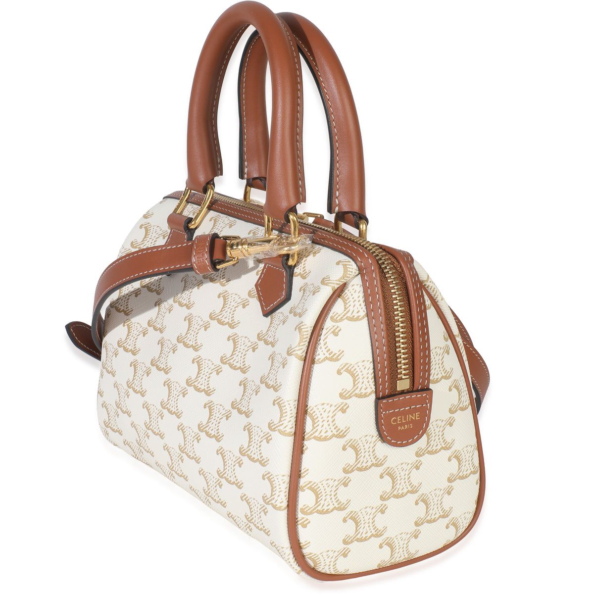 Tan Calfskin White Triomphe Canvas Small Boston Bag