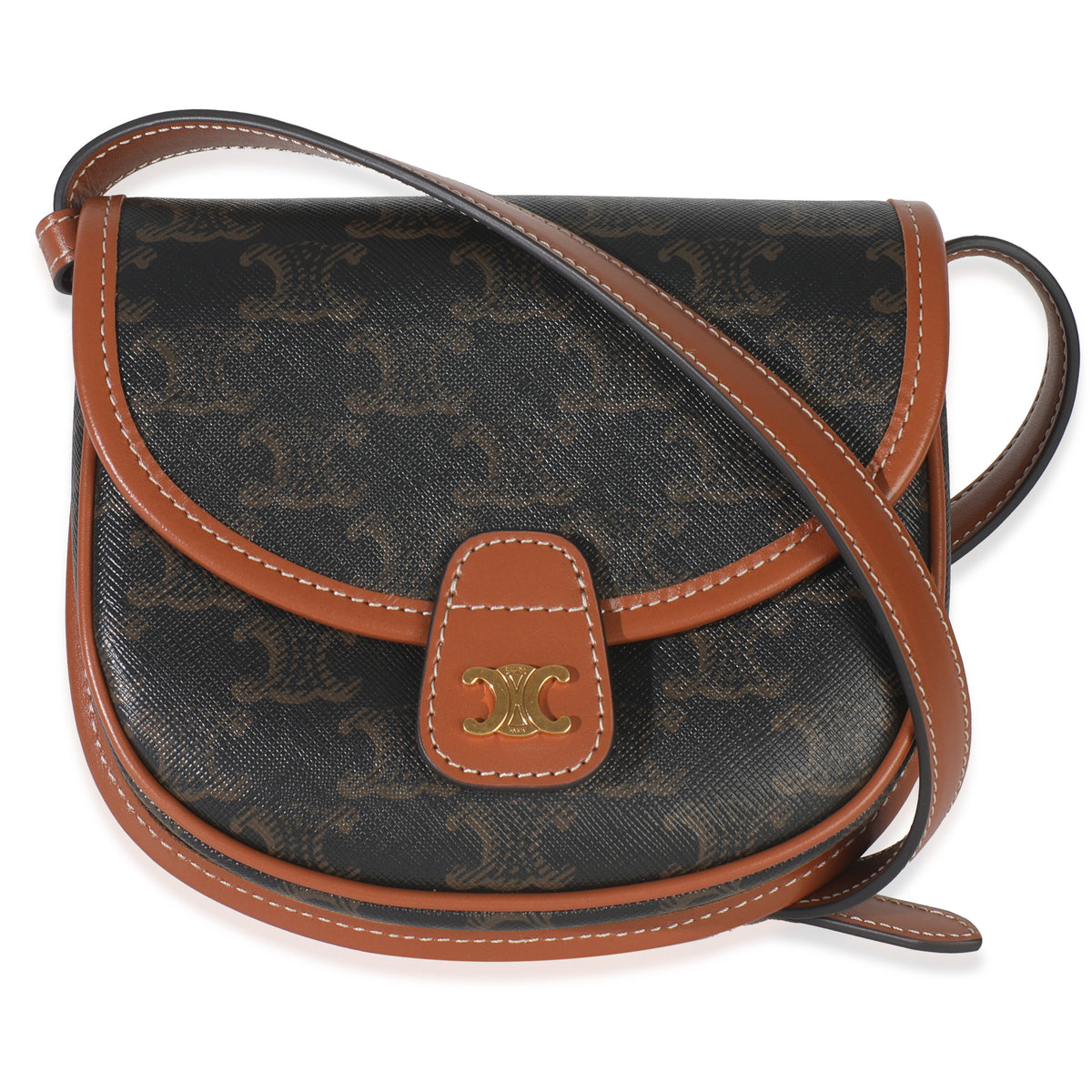Celine Tan Calfskin Brown Triomphe Canvas Mini Besace Handbag fv