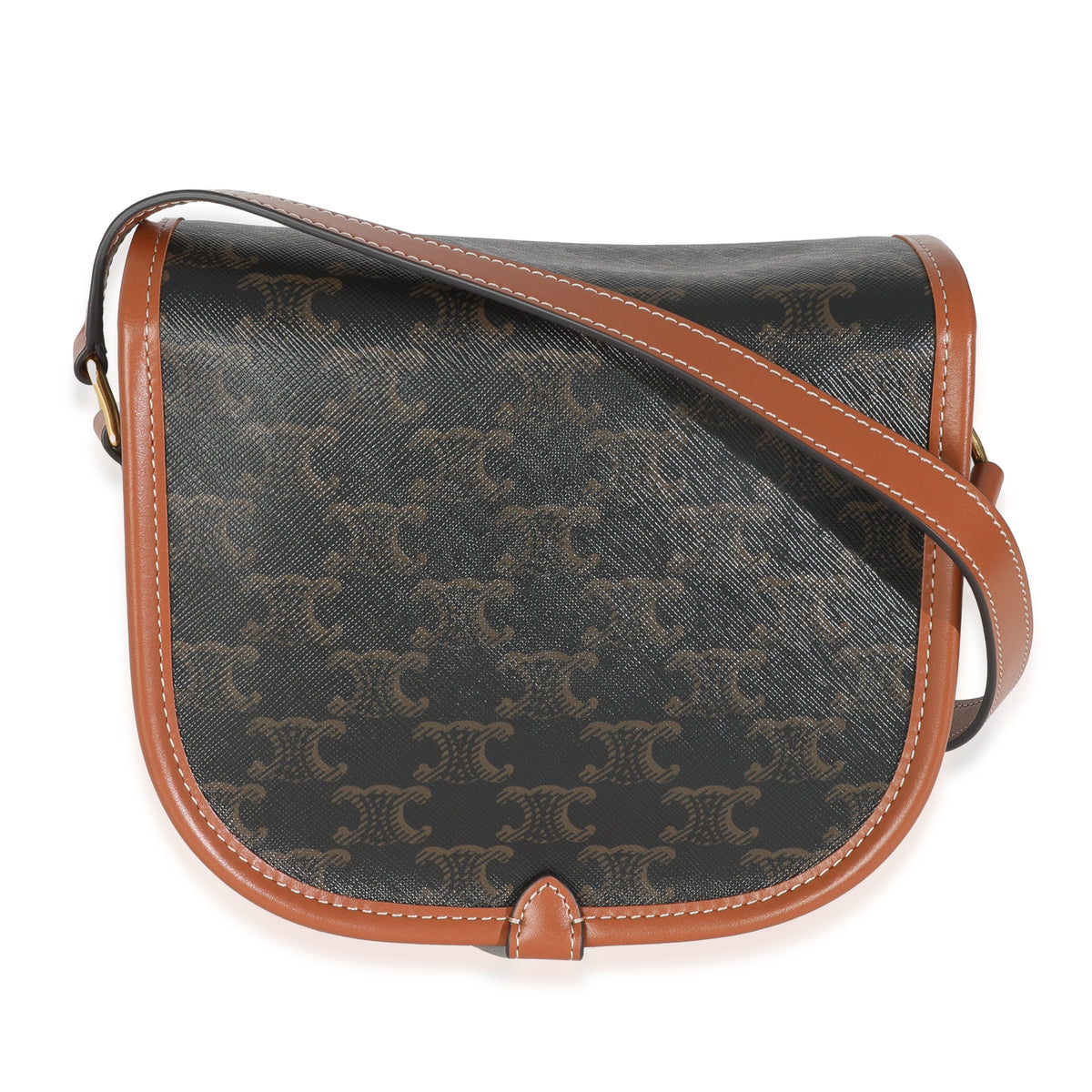 Celine Tan Calfskin Brown Triomphe Canvas Medium Folco Crossbody Handbag bv