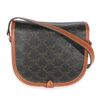 Celine Tan Calfskin Brown Triomphe Canvas Medium Folco Crossbody Handbag bv