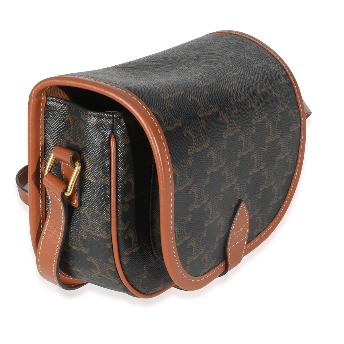 Celine Tan Calfskin Brown Triomphe Canvas Medium Folco Crossbody Handbag pv