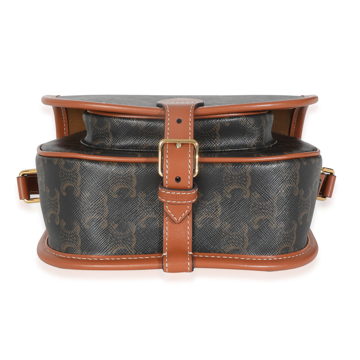 Celine Tan Calfskin Brown Triomphe Canvas Medium Folco Crossbody Handbag stamp