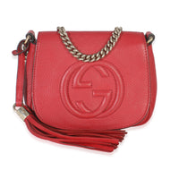 Gucci Red Pebbled Calfskin Interlocking G Small Soho Flap Bag Handbag fv